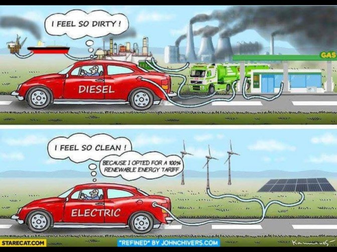 Electric car owners have been poking fun at petrol and diesel drivers caught up in the fuel crisis by flooding the internet with memes at . Electric Cars are still powered by coal and other dirty fossil fuels